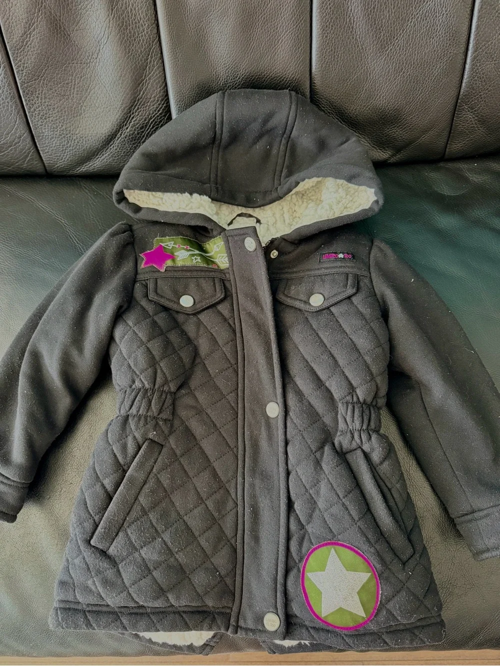 Limited Too Black Quilted Hooded Pea Coat with Star Patch